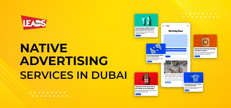 Yellow banner reading Native Advertising Services in Dubai beside mockup content cards on skincare and bestseller books