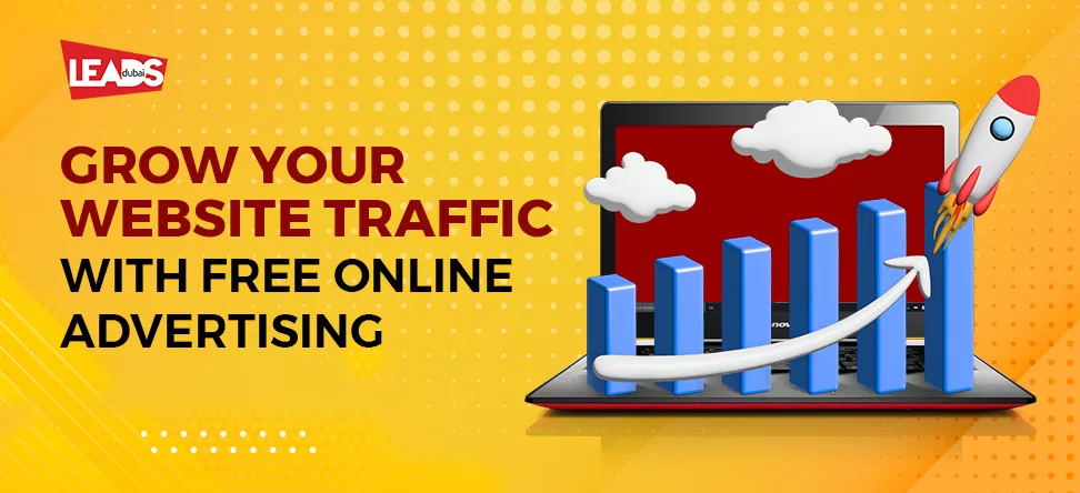 Yellow banner with a laptop, rising bar chart and rocket illustrating free advertising online to grow website traffic
