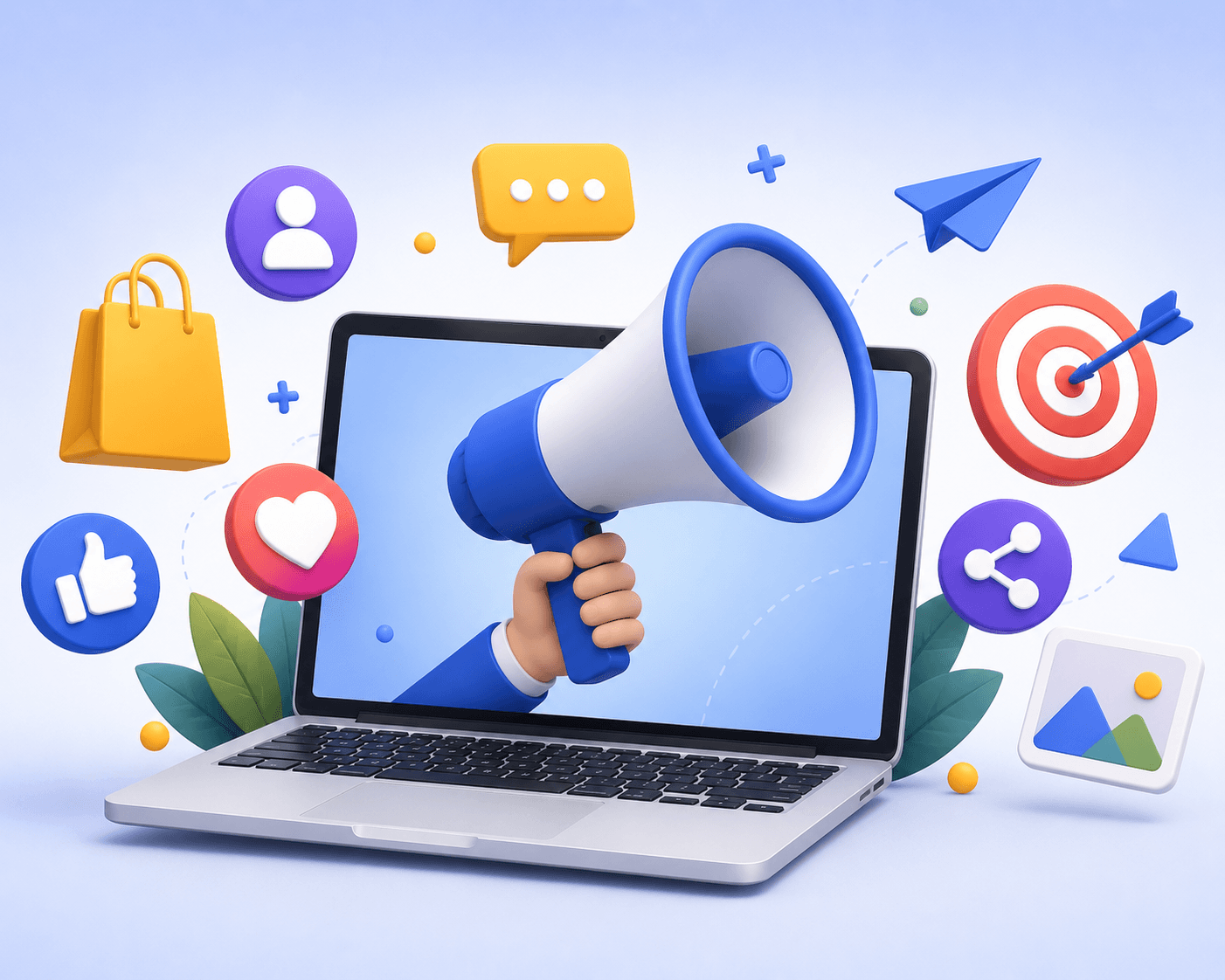 3D laptop with a megaphone and social media icons, illustrating free advertising online to grow website traffic