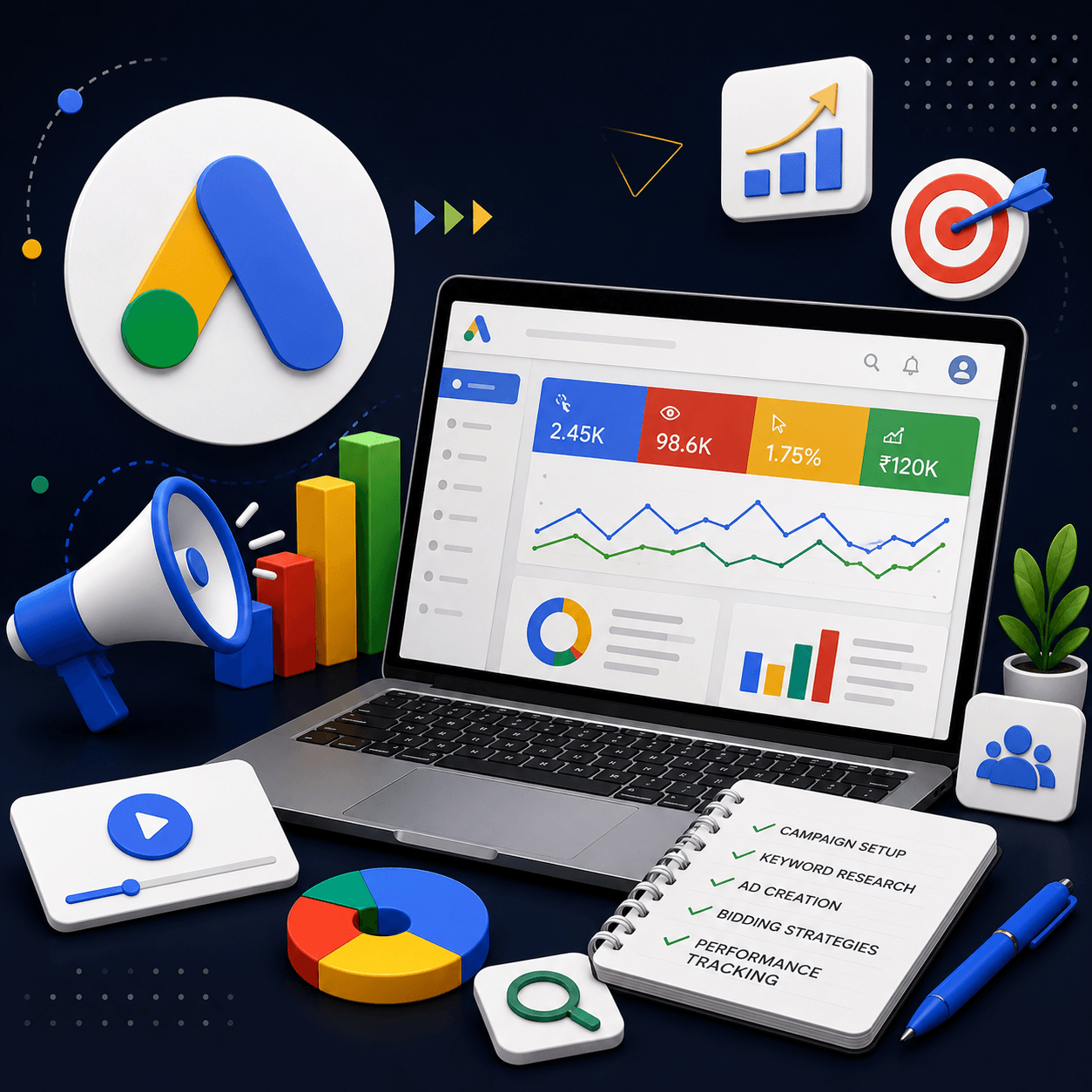 3D Google Ads dashboard with a laptop, megaphone and a checklist notebook, illustrating a Google Ads training course in Dubai