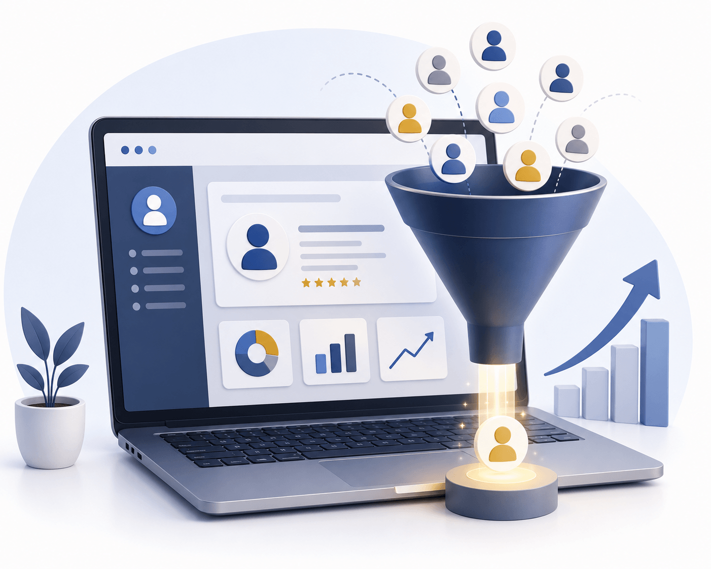 Laptop showing a lead profile dashboard beside a funnel turning contact icons into a lead, illustrating how we generate leads