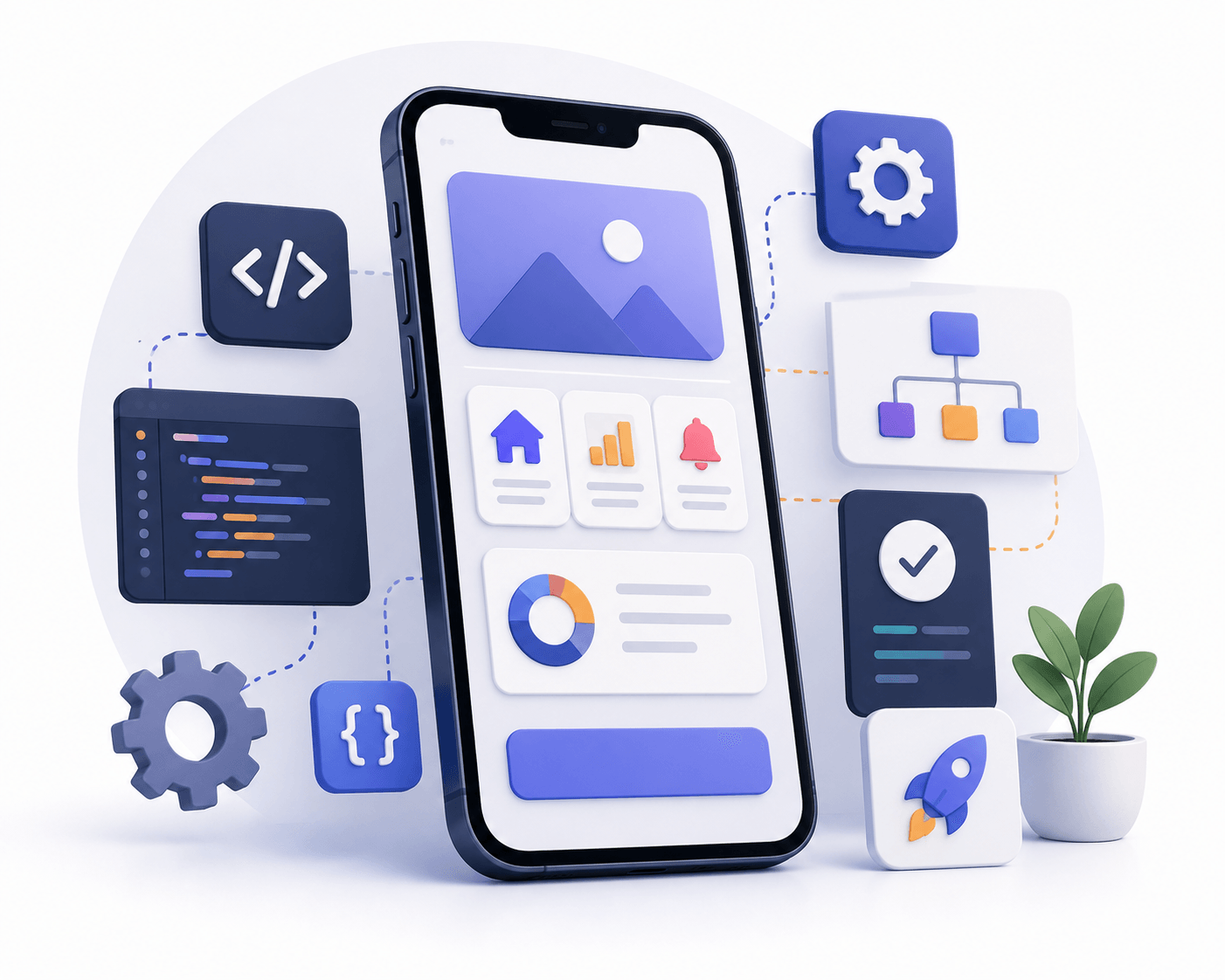 3D smartphone mockup with app dashboard icons surrounded by code and gear graphics, illustrating mobile app development plans