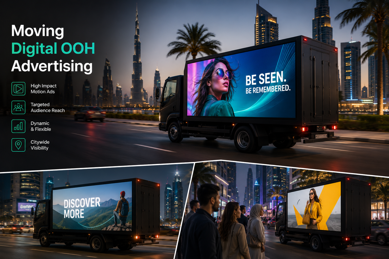 Delivery truck with a digital ad screen passing the Dubai skyline at night, moving digital OOH advertising in Dubai