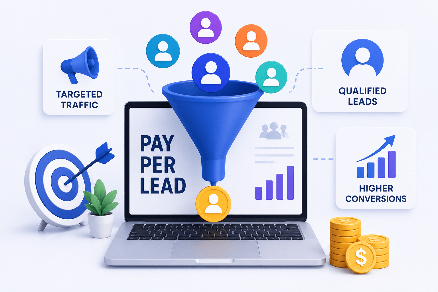Funnel graphic on a laptop reading Pay Per Lead, for a pay per lead marketing company in the UAE