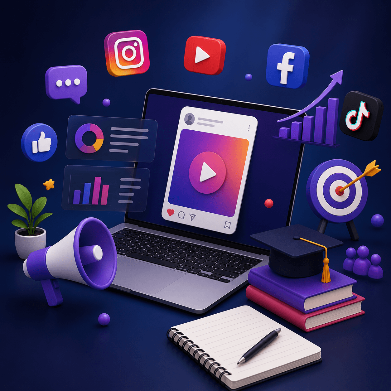 Laptop showing a social post beside platform icons and a graduation cap on books, for this social media marketing course