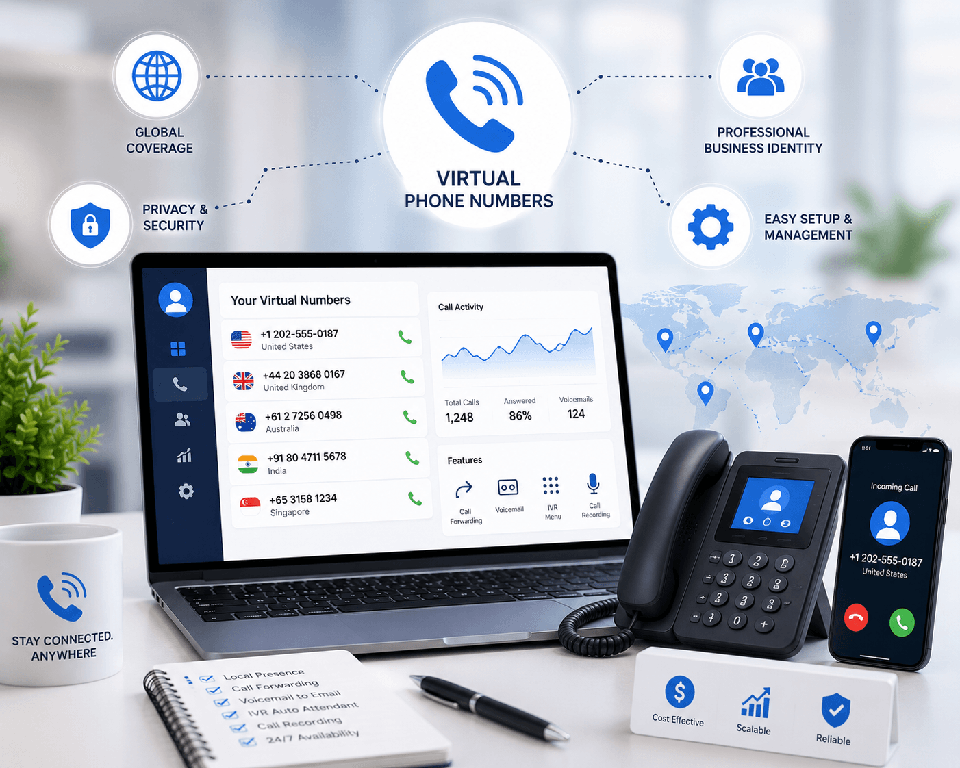 Laptop dashboard listing virtual phone numbers from several countries next to a desk phone and a ringing smartphone
