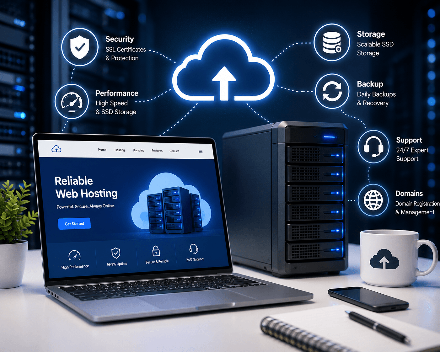 Laptop and server rack showing a reliable web hosting company in Dubai, with icons for security, backup, and support