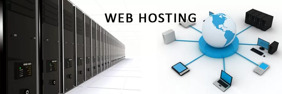 Server racks beside a globe connecting laptops and phones, representing a web hosting company in Dubai