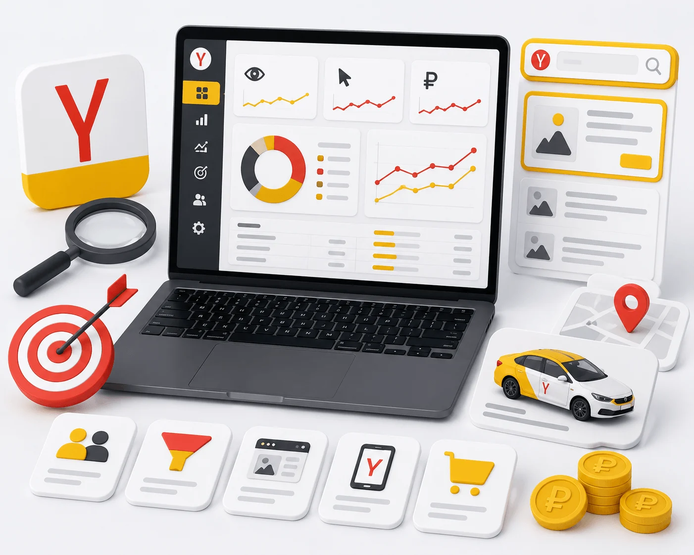 Laptop displaying a Yandex ad dashboard beside a branded taxi and ruble coins, illustrating Yandex advertising in Dubai