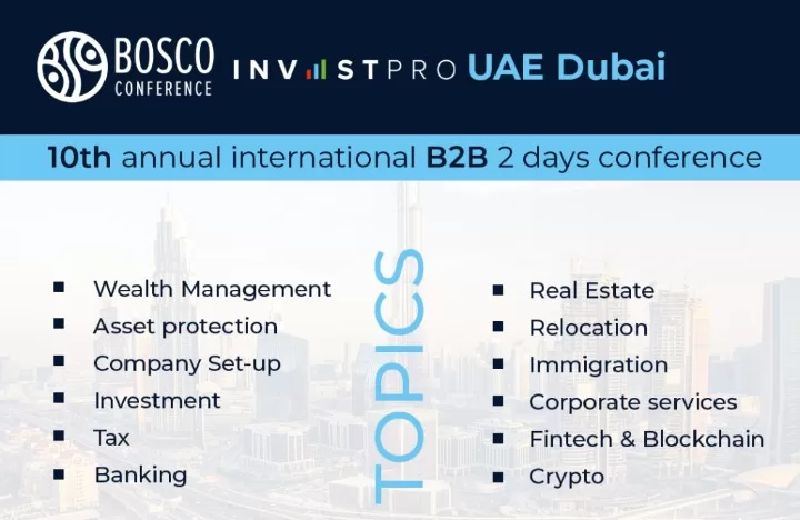 Banner for the Bosco Conference and InvestPro UAE Dubai B2B event, an example of conference and event planning in Dubai