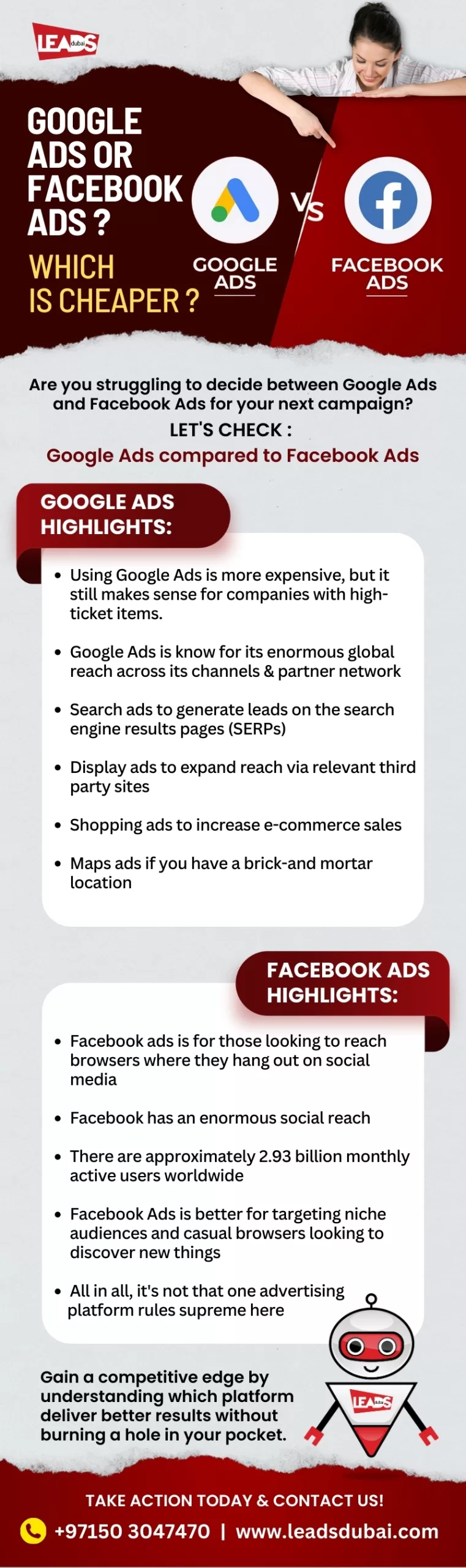 Google Ads vs Facebook Ads Cost Comparison Infographic