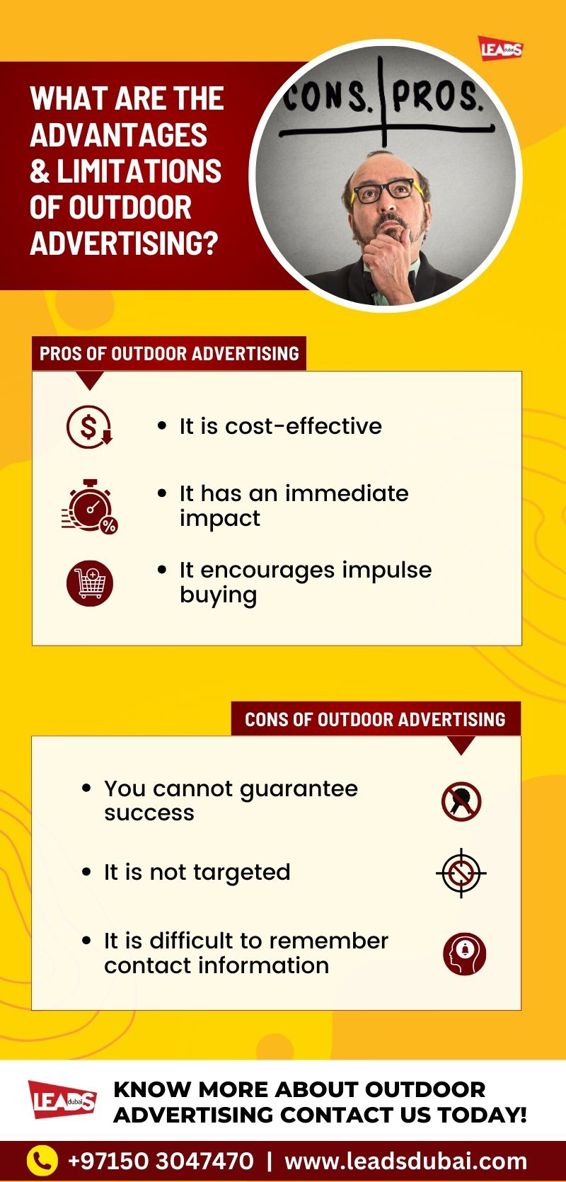 Outdoor advertising infographic showing pros and cons