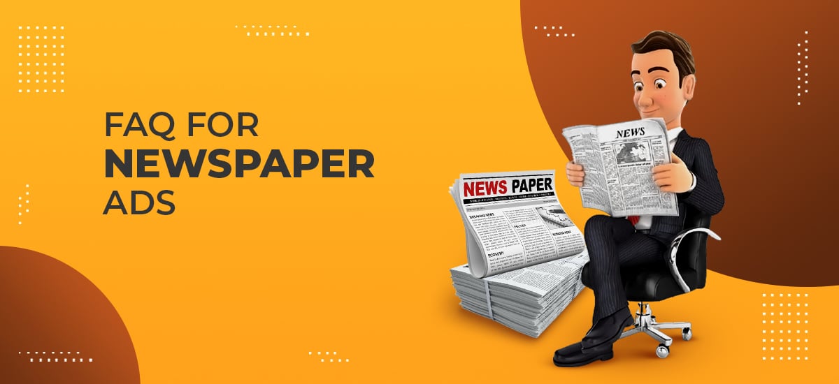Cartoon of a man reading a newspaper beside a stack of papers, illustrating the newspaper ads FAQ for the UAE