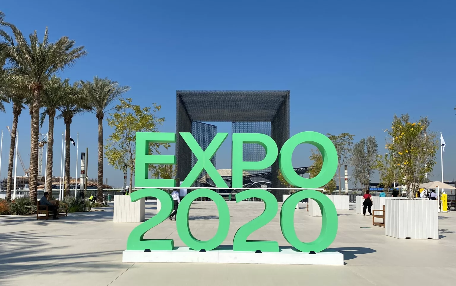 The sign of Dubai Expo 2020 at the entrance of the site