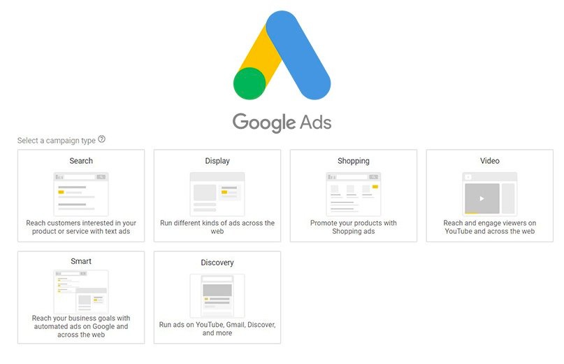 Google Ads screen for choosing a campaign type such as search, display or video, covered in Google Ads training in Dubai