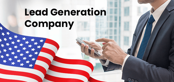 American flag graphic beside a businessman using his phone, representing a lead generation company in USA