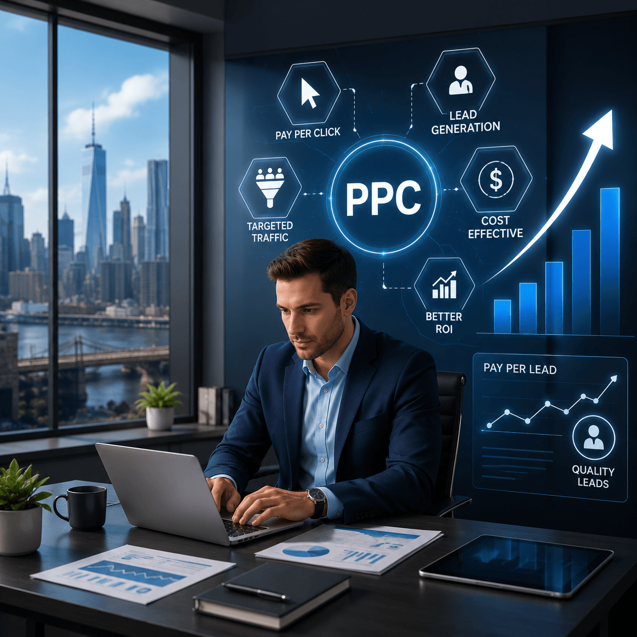 Businessman at a laptop with PPC and lead generation icons, representing pay per lead companies in USA