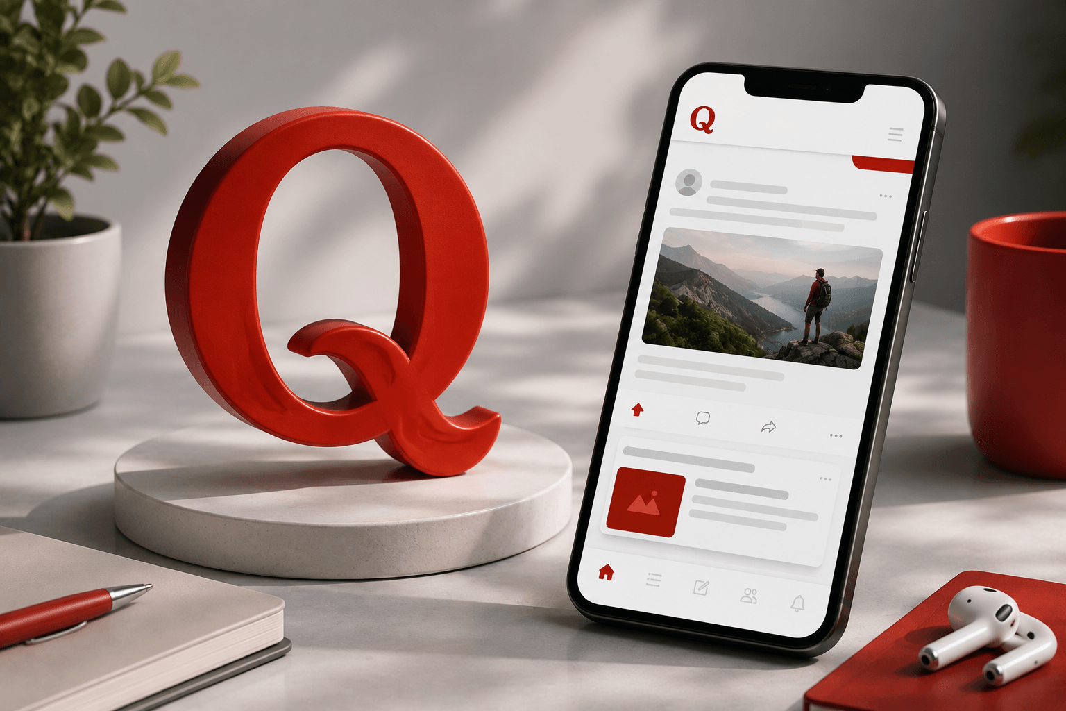 Red Q sculpture beside a smartphone showing a Quora feed post, illustrating Quora advertising options