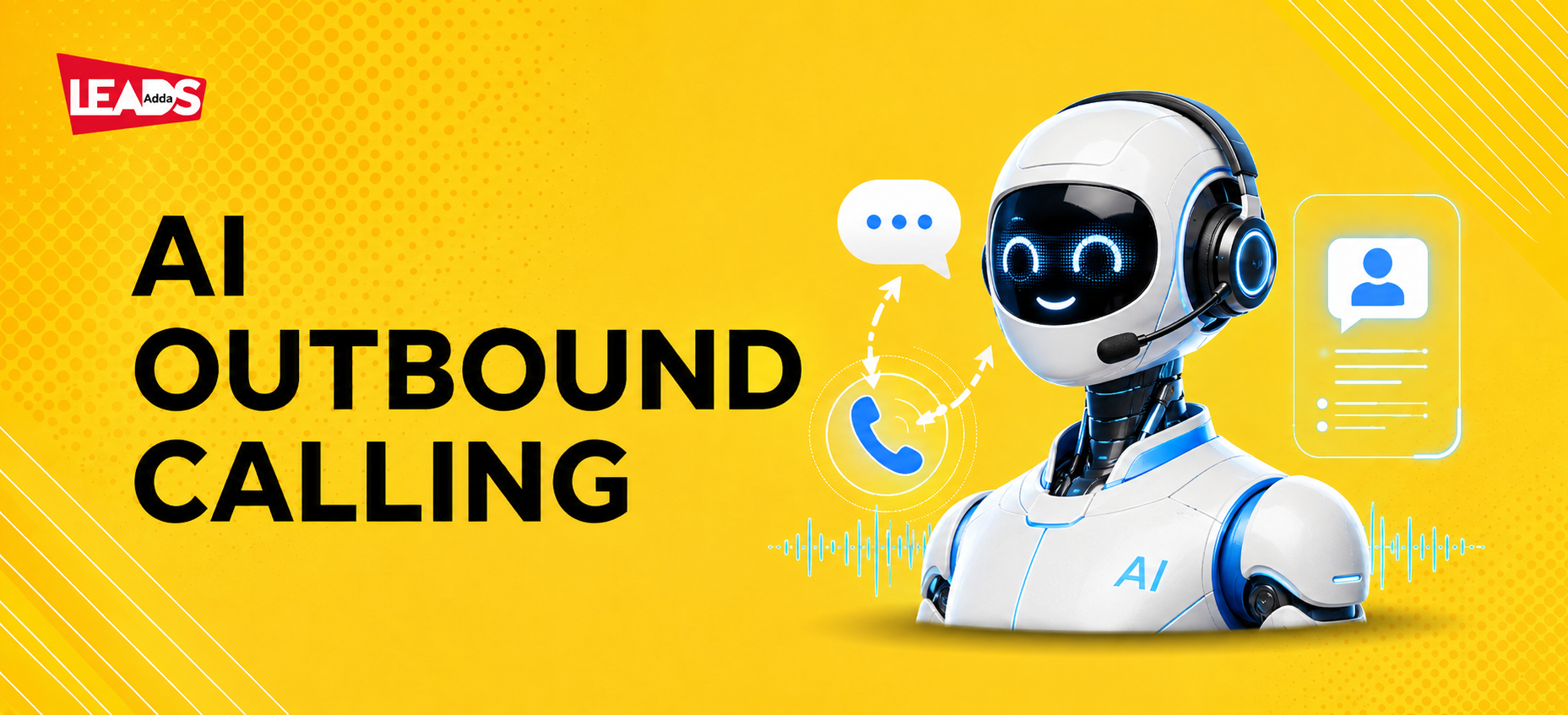 A white AI robot wearing a headset beside phone and contact icons, representing the AI appointment setter that calls leads