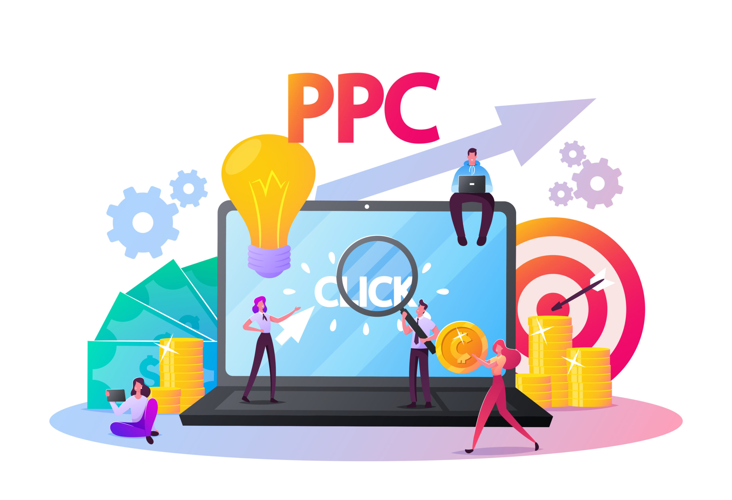 Illustration of a laptop, magnifying glass over a click button, coins and a target, representing pay per click audiences