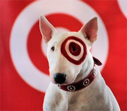 Bull terrier dog with the Target bullseye logo on its face, used to illustrate audience targeting in LinkedIn advertising
