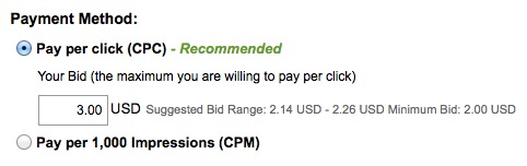 linkedin-bids Screenshot of LinkedIn Ads payment settings showing a three dollar cost per click bid during LinkedIn advertising setup