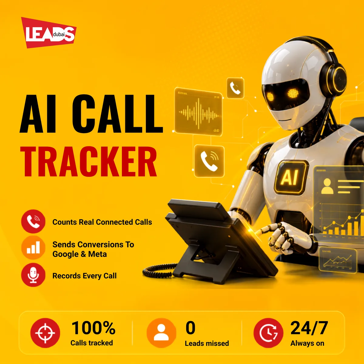 A phone receiving a lead call from an ad, with the connected call sent to Google and Meta as a conversion
