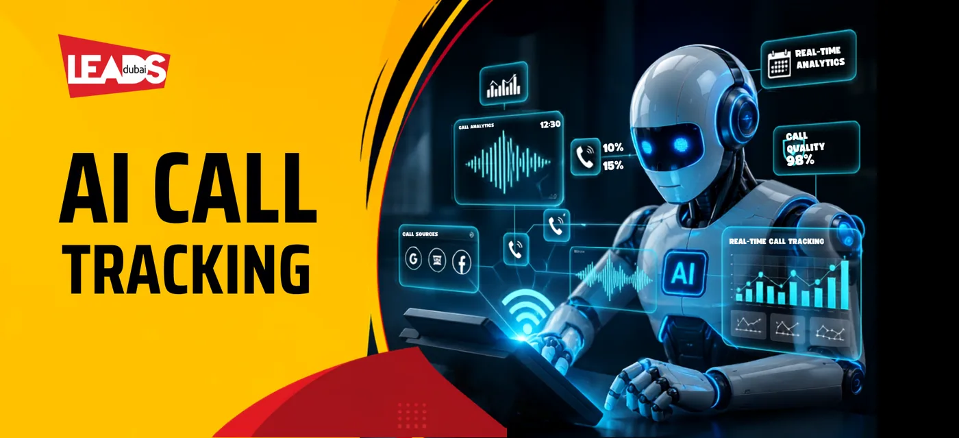 A dashboard showing AI call tracking metrics: total calls, answered calls, conversion rate and top call sources