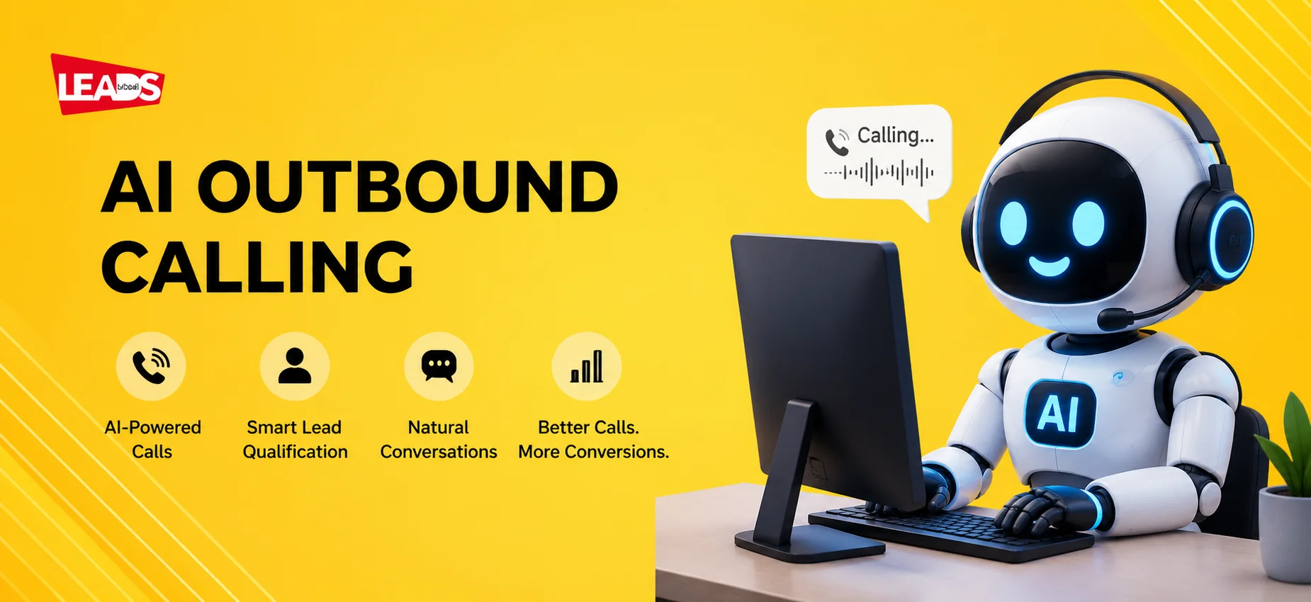 An agent on a headset call, with cards for an outgoing call, a lead contact and a follow-up from AI outbound calling
