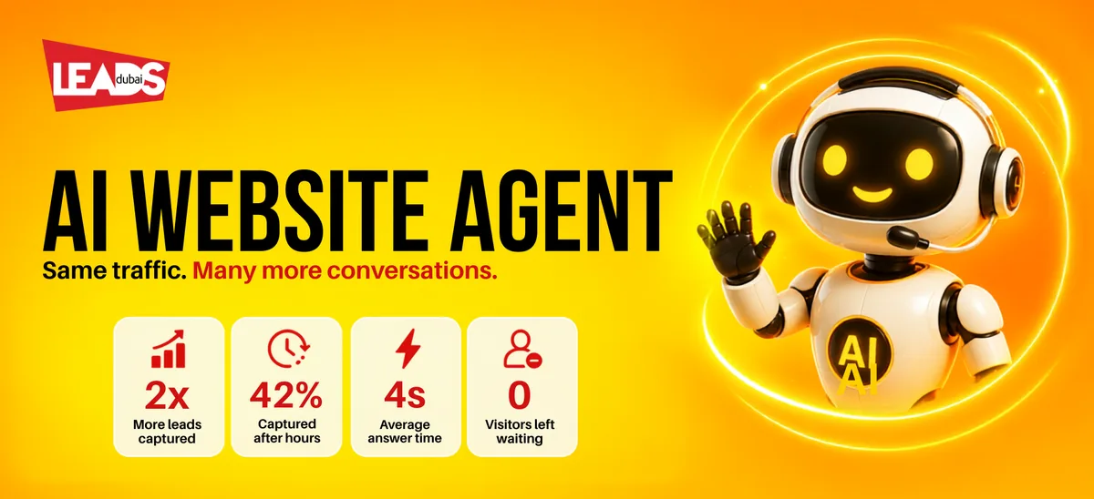 A laptop shows a website chat widget answering a visitor question and capturing their details, the AI website agent in action