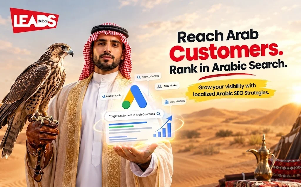 Illustration of a man beside a phone with a bar chart and large SEO letters, for Arabic SEO services