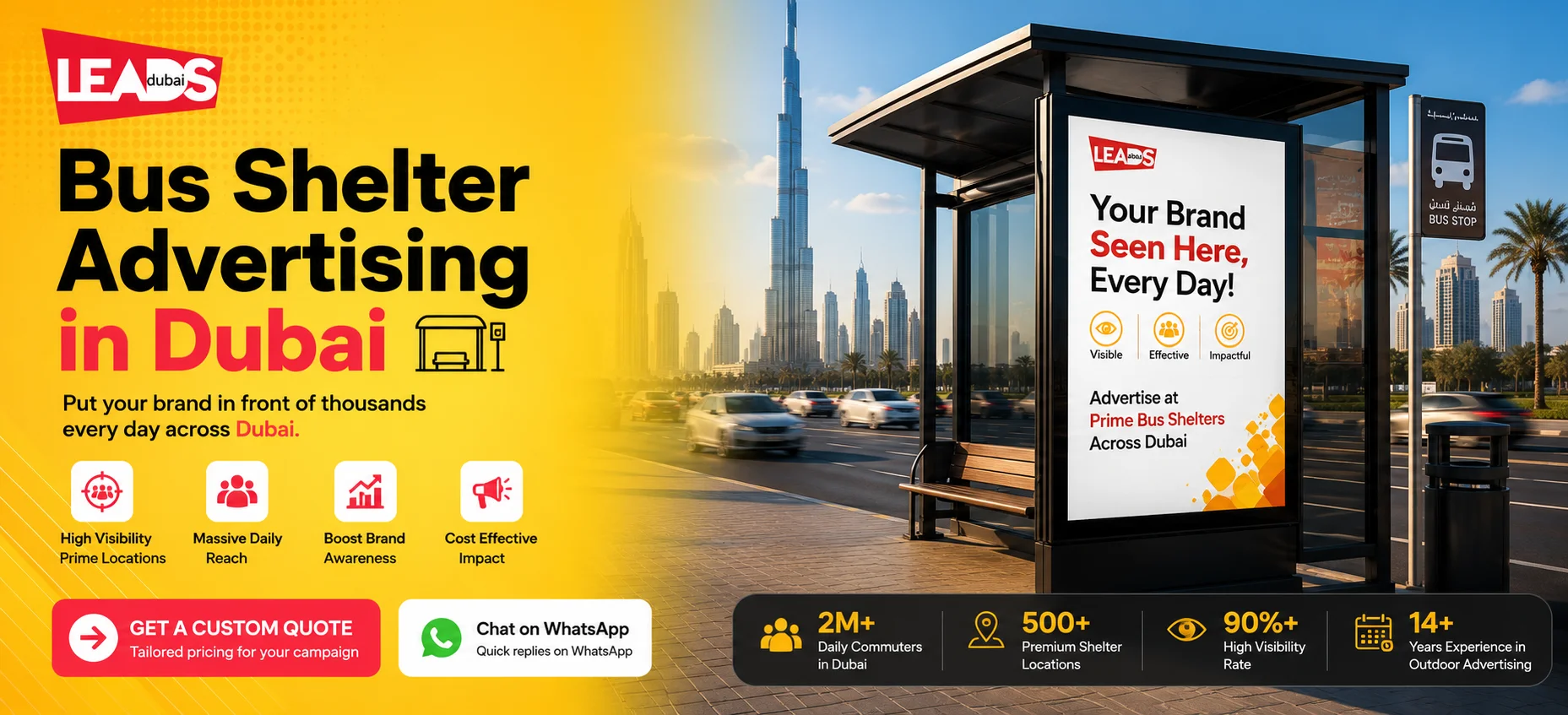 Blank bus shelter billboard on a Dubai street with the Burj Khalifa skyline, ready for bus shelter advertising in Dubai.