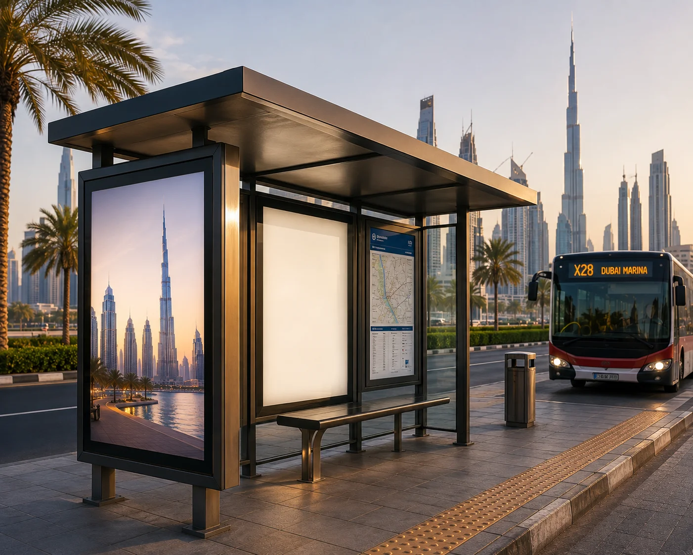 Blank bus shelter billboard on a Dubai street with the Burj Khalifa skyline, ready for bus shelter advertising in Dubai.