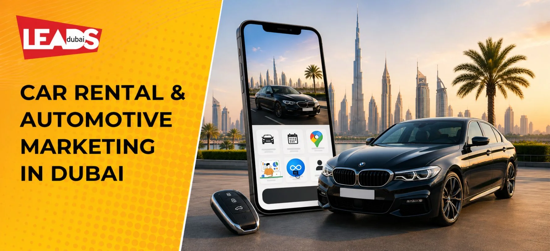 Phone showing a car booking app beside a black BMW sedan and the Burj Khalifa skyline, for car rental marketing in Dubai.