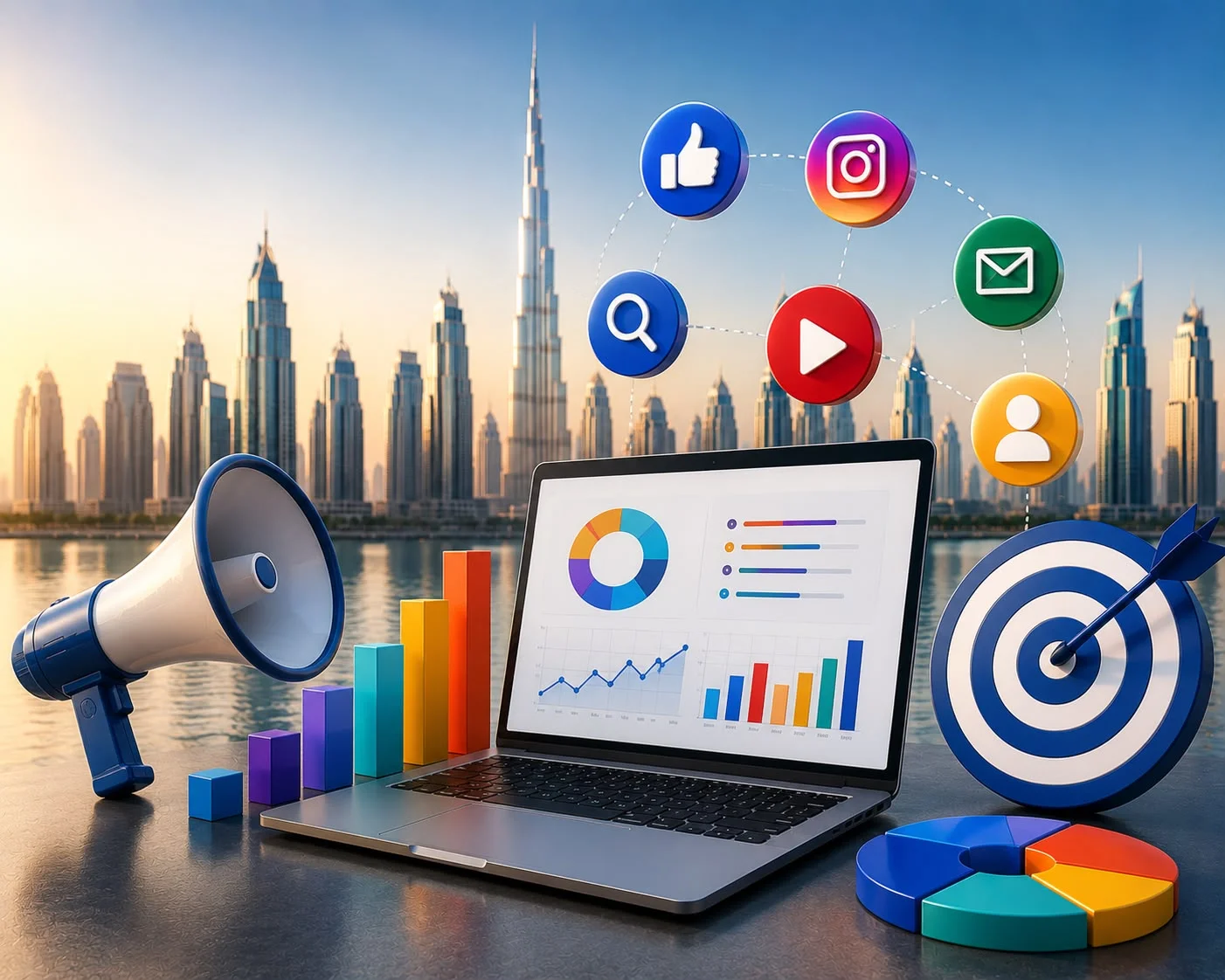 Megaphone beside a 3D Instagram icon representing the social reach included in digital marketing packages