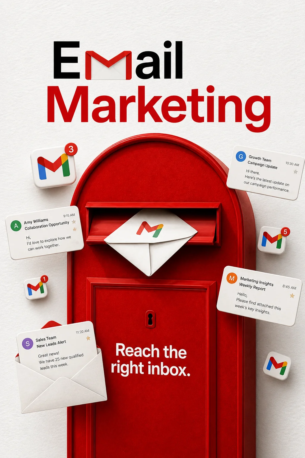 3D icons of a red envelope, megaphone, at symbol and growth chart representing email marketing services in Dubai