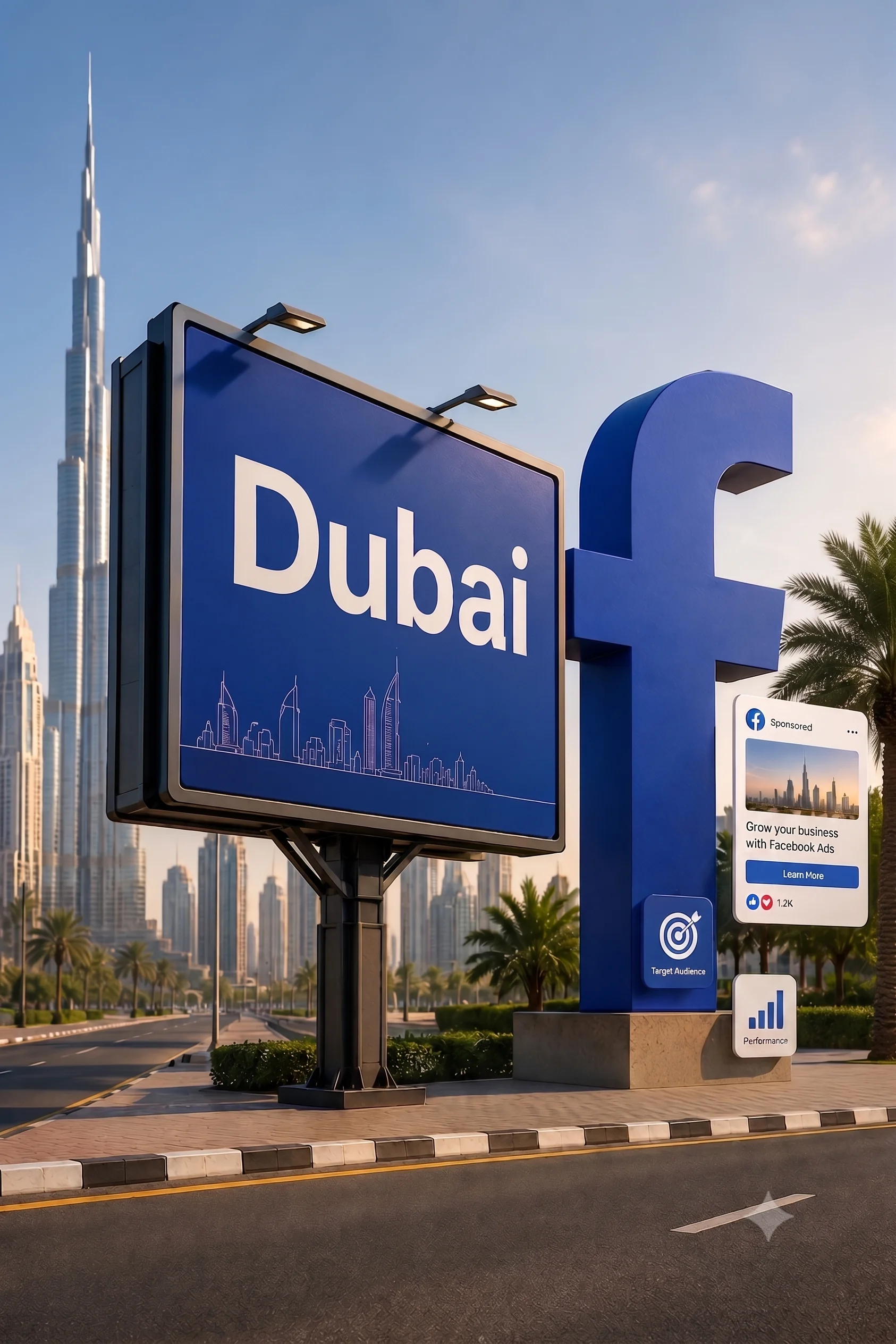 3D megaphone beside a sponsored Facebook ad card with likes and comments, for a Facebook advertising campaign in the UAE