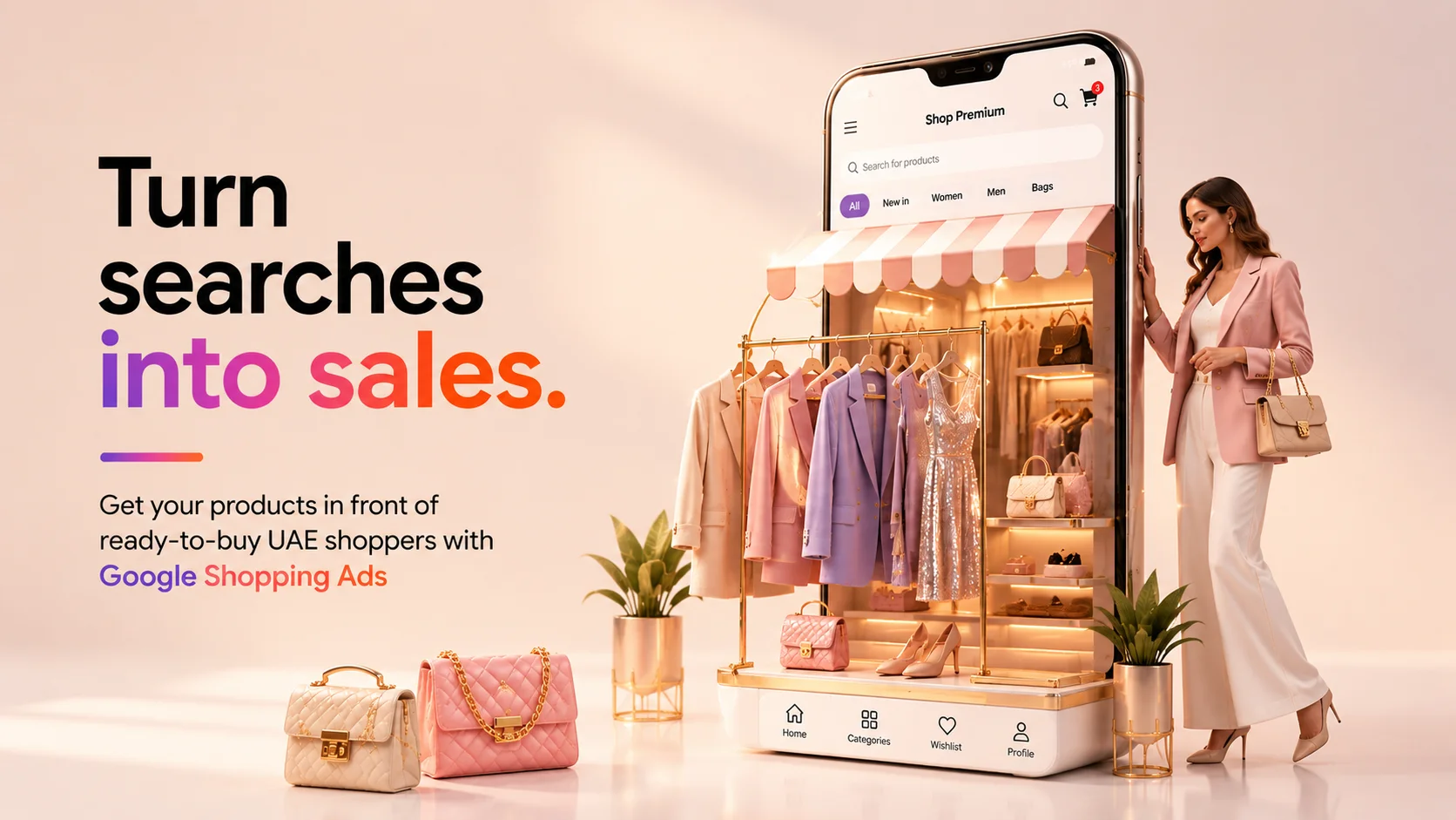 Example of Google Shopping ads showing product photos, prices and store names in UAE search results