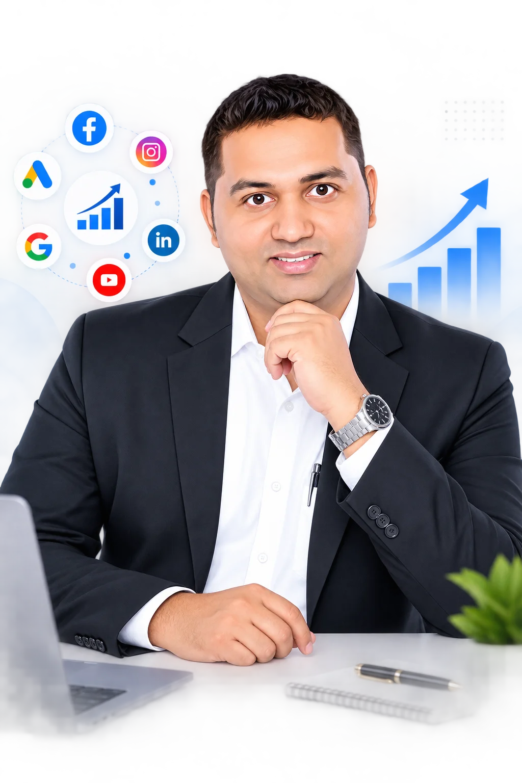 Mukesh Pandey at his desk, surrounded by Google, Facebook, Instagram, LinkedIn and YouTube marketing icons, hire a digital marketing consultant in Dubai.