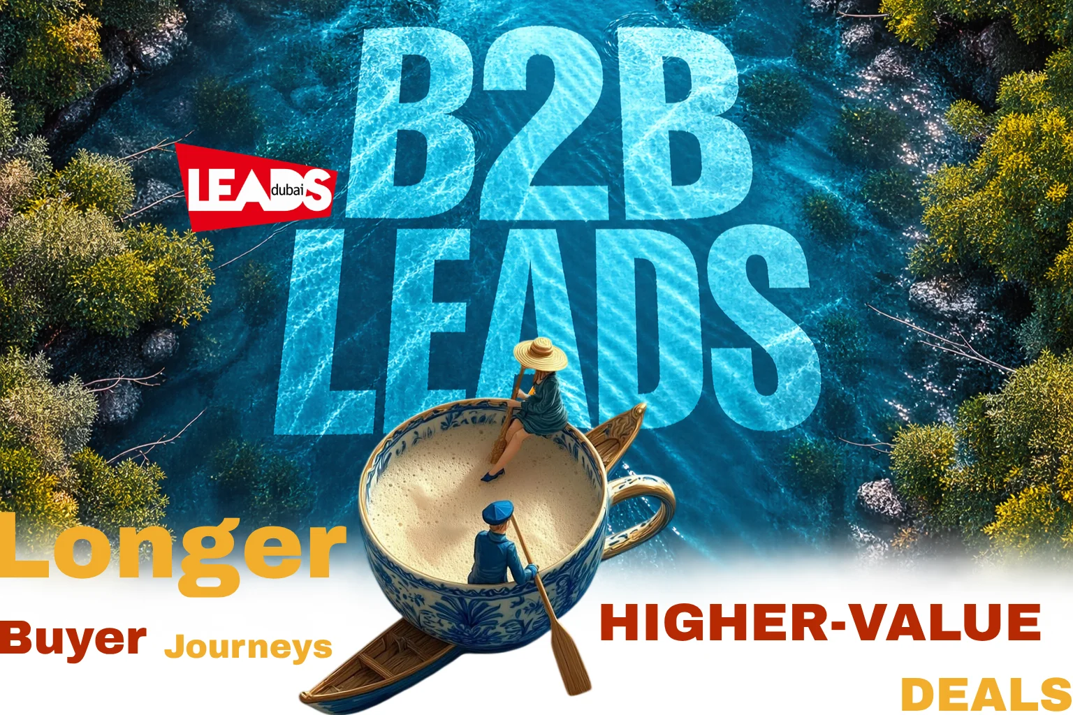 B2B leads illustration showing a longer buyer journey leading to higher-value deals