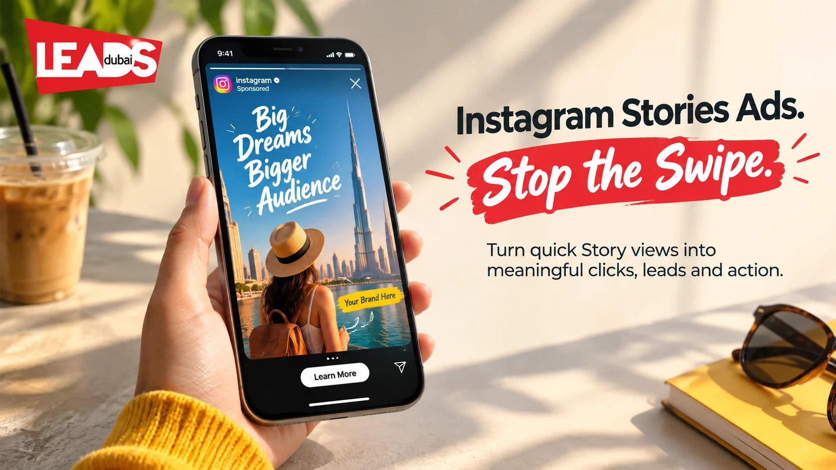 Phone mockup with the Instagram Stories icon on a purple background, illustrating Instagram Stories tips for Dubai businesses