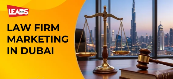 Lady Justice statuette beside a laptop displaying a law firm website with a Dubai skyline, for law firm marketing in Dubai