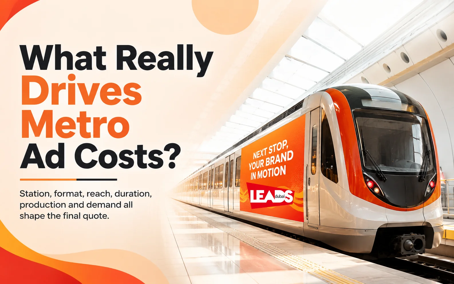 Metro train arriving beside platform advertising panels