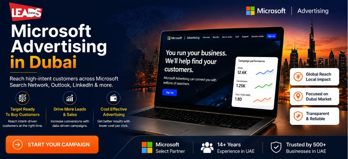 Laptop dashboard for search and engage campaigns against the Dubai skyline, representing Microsoft Advertising in Dubai