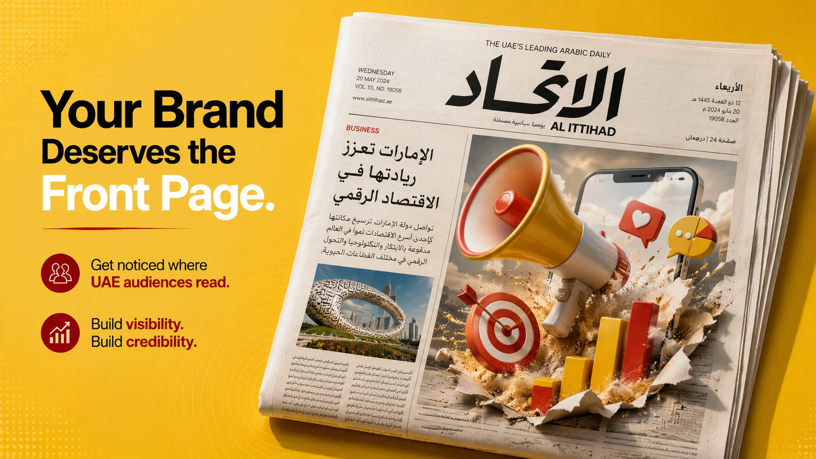 Purple banner reading Newspaper Advertising, tie ups with major newspapers in the UAE, hands holding a Daily News mockup