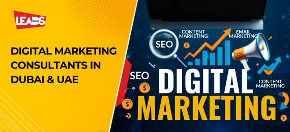 Laptop showing a megaphone and growth chart surrounded by social icons, for digital marketing consultants in Dubai and UAE