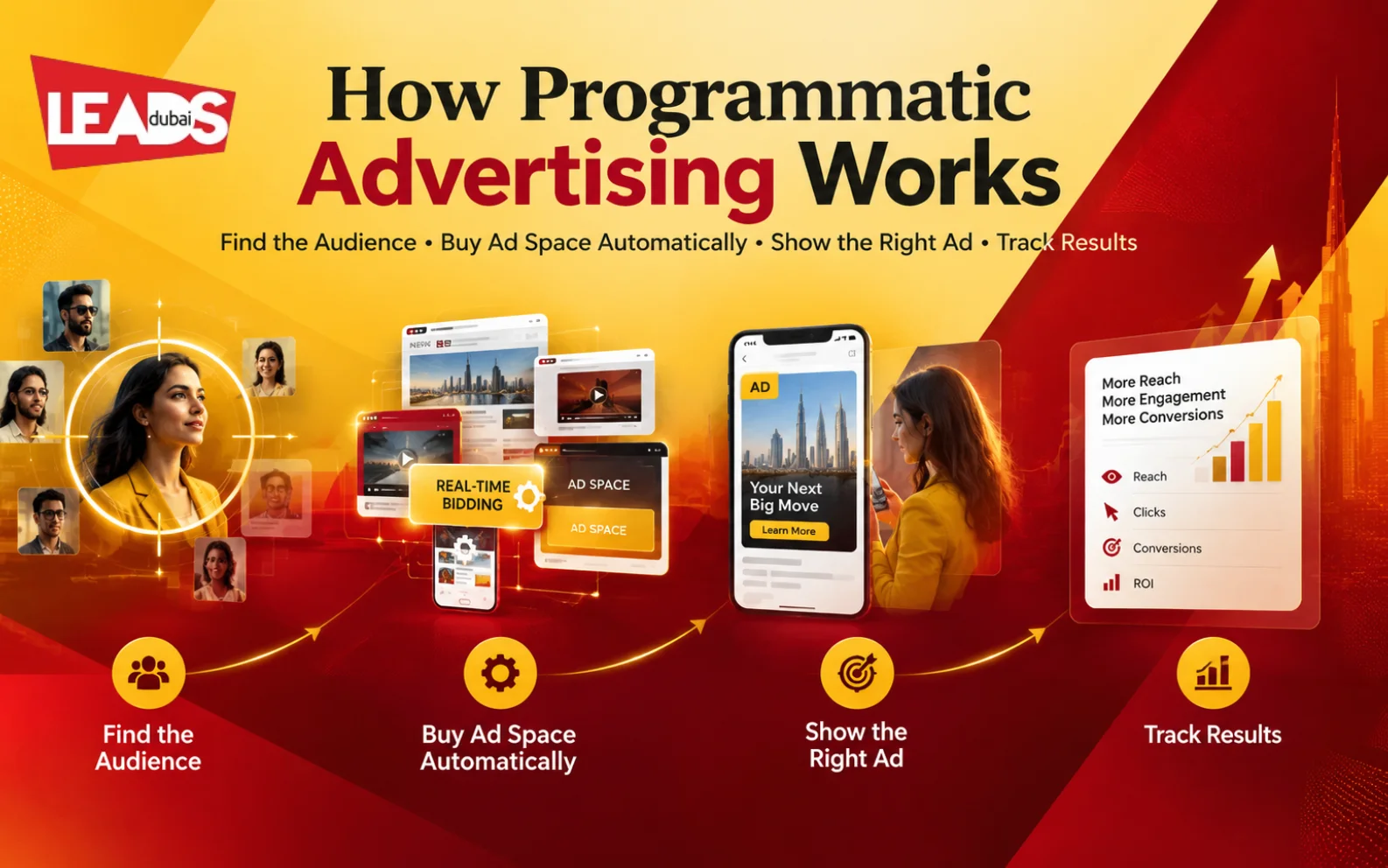 Circular diagram of network planning, ad creation, retargeting and analytics steps for programmatic advertising in Dubai
