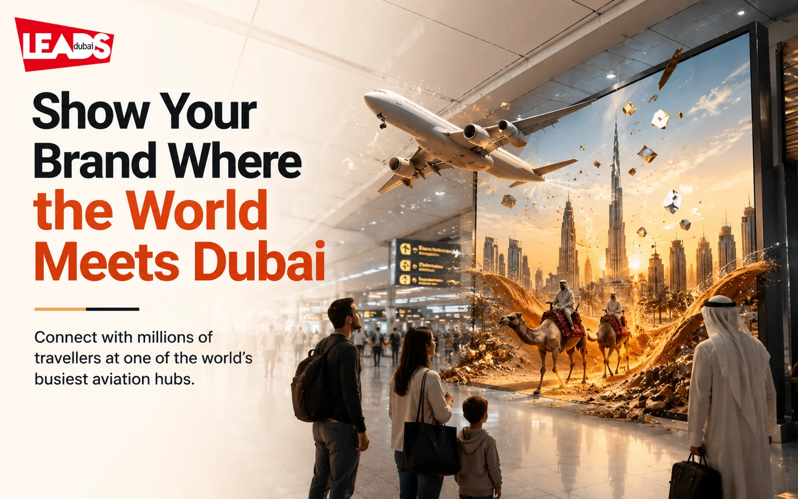 Billboard mockup displaying the Leads Dubai logo against a cloudy sky, next to text reading Dubai Airport Advertising