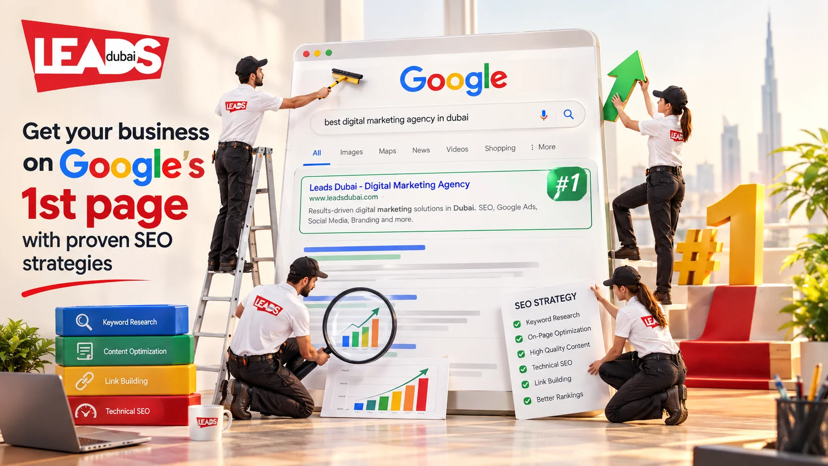3D graphic of a laptop showing SEO search results, charts and a target with a dart, representing this SEO company in Dubai