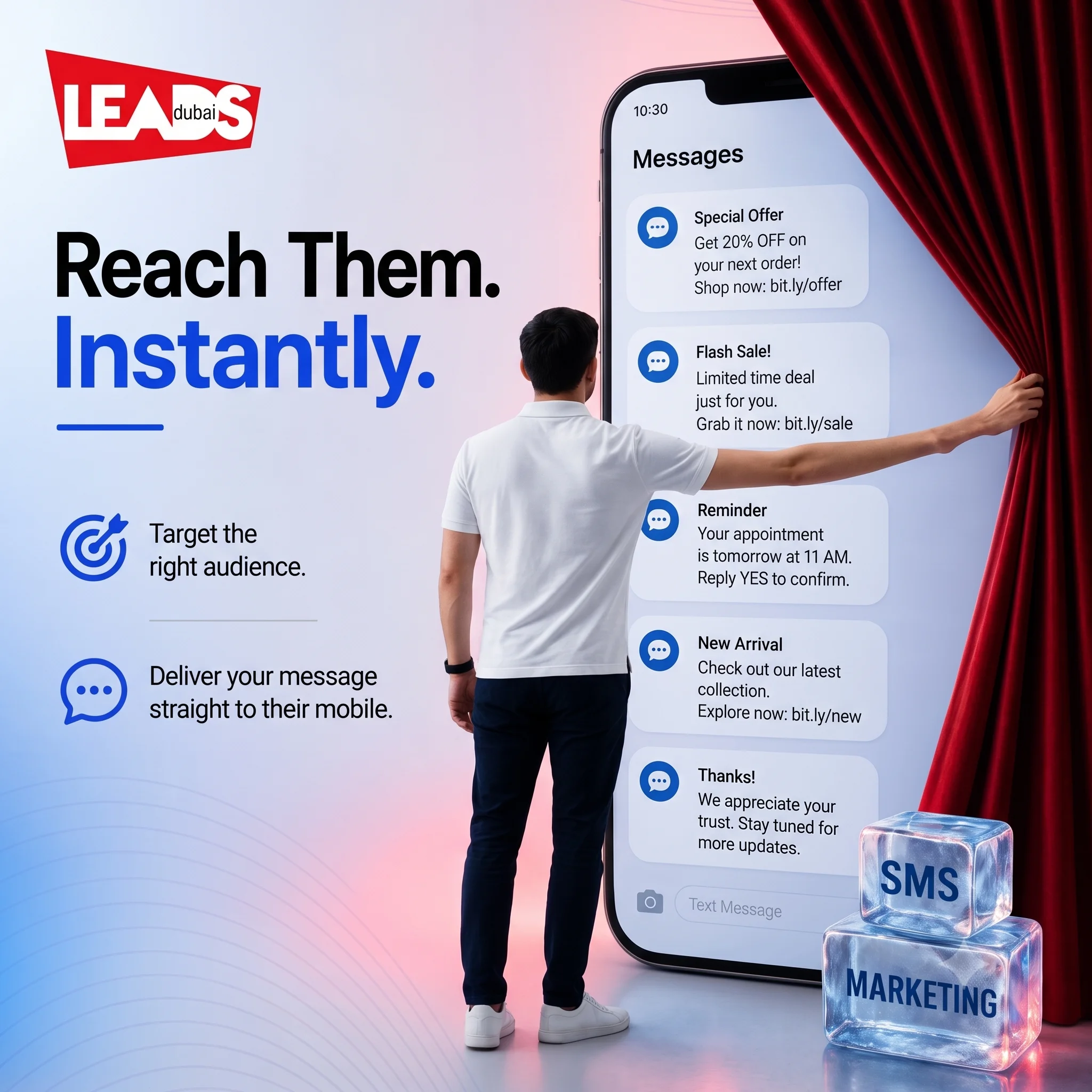 Person pulling back a curtain to reveal a phone with SMS marketing offers, reminders and updates in the Messages app
